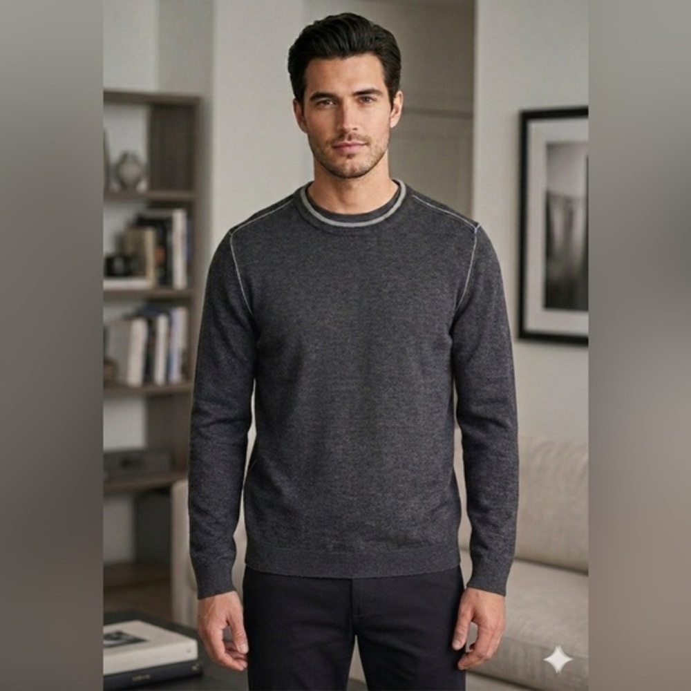Robert Barakett Men’s Medium Gray 100% Merino Wool Crew Neck Pullover Sweater M - Picture 1 of 14